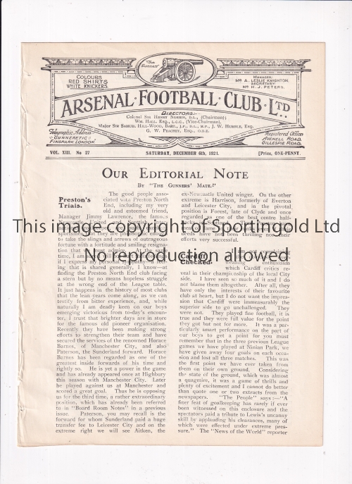 ARSENAL Programme for the home League match v Preston North End 6/12/1924, ex-binder. Generally
