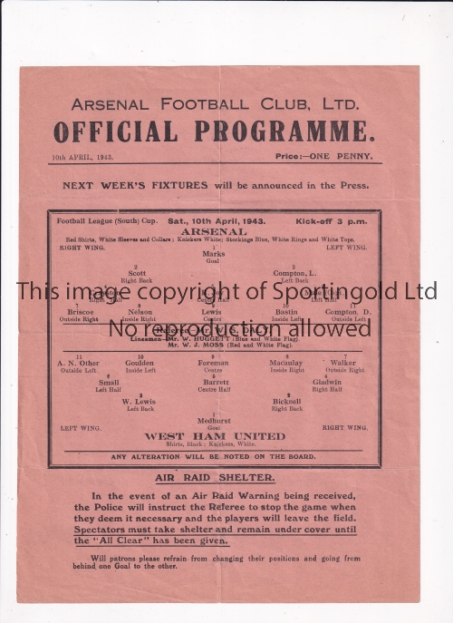 ARSENAL Single sheet programme for the home FL South match v West Ham United 10/4/1943, slightly