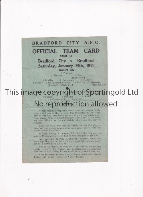 BRADFORD CITY V BRADFORD PARK AVENUE 1944 Single card programme for the FL North Cup tie at City