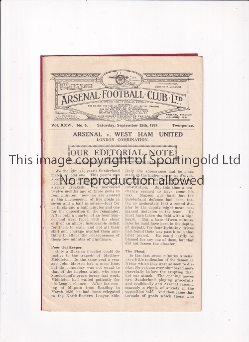 ARSENAL Programme for the home London Combination match v West Ham United 25/9/1937, very slightly
