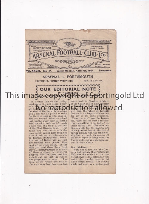 ARSENAL Programme for the home Football Combination Cup match v Portsmouth 7/4/1947, slightly