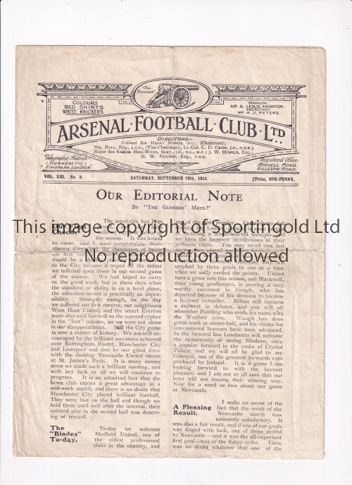 ARSENAL Programme for the home League match v Sheffield United 20/9/1924, folded and slightly