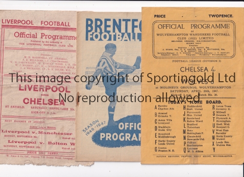 CHELSEA Three programmes for the away matches in the 1946/7 season v Brentford, Wolves, score on the