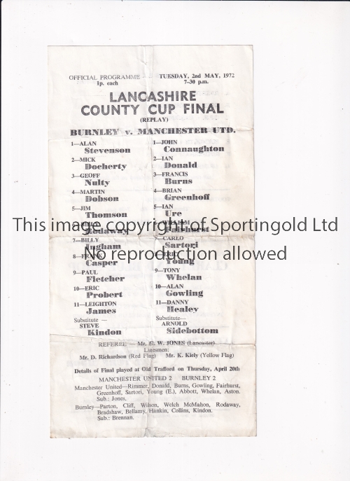 1972 LANCASHIRE COUNTY CUP FINAL / MANCHESTER UNITED Single sheet programme for the Replay away at