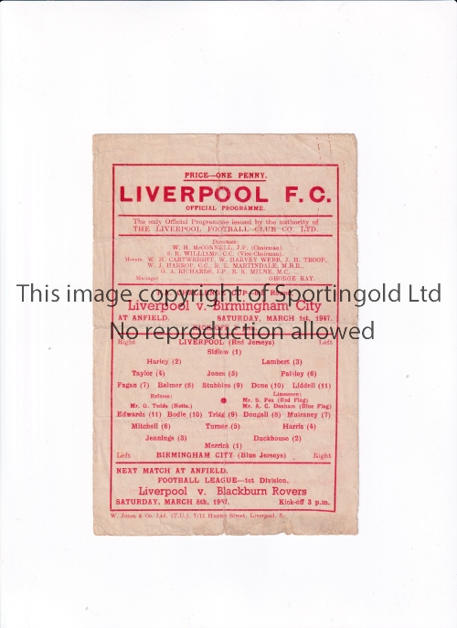 LIVERPOOL Single sheet Fuel Emergency programme for the home FA Cup tie v Birmingham City 1/3/1947