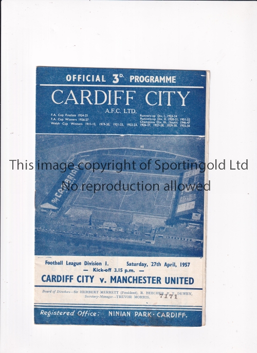 MANCHESTER UNITED Programme for the away League match v Cardiff City 27/4/1957, United were