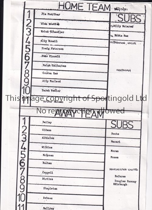 1981 HIBERNIAN V MANCHESTER UNITED Single sheet programme for a hastily arranged friendly at