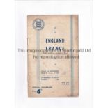 ENGLAND V FRANCE 1947 AT ARSENAL Programme for the International at Highbury 3/5/1947, slightly