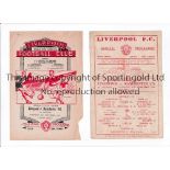 LIVERPOOL V MANCHESTER UNITED Two programmes for Central League matches at Liverpool 11/2/1950,