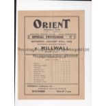 1940 ORIENT V MILLWALL Programme for the wartime game at Orient on 27/1/40. Slight folds.