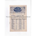 MANCHESTER UNITED Programme for the home League match v Leicester City 16/9/1925, slightly