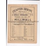 1937 CLAPTON ORIENT V MILLWALL Programme for the league game at Orient on 23/10/37. Slight fold.