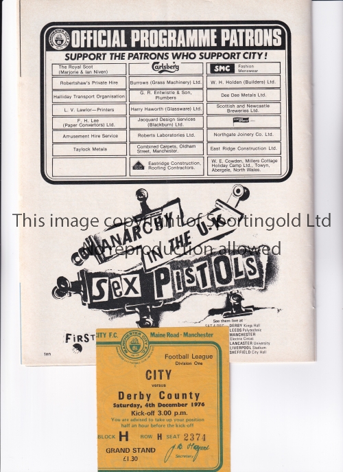 SEX PISTOLS Programme and ticket for Manchester City v Derby County 4/12/1976. The programme