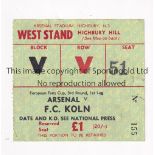 ARSENAL Ticket for the home Fairs Cup tie v Cologne / Köln 9/3/1971. Arsenal Double season. Good