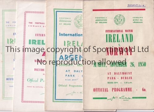 REPUBLIC OF IRELAND Four home programmes for matches in Dublin v Norway 1950, Argentina 1951 team