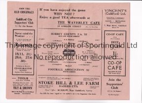 SURREY COUNTY A XI V FA XI 1940 Programme for the match at Guildford City FC 27/1/1940. Good