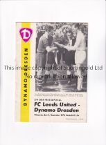 LEEDS UNITED Programme for the away Fairs Cup tie v Dynamo Dresden 4/11/1970. Good