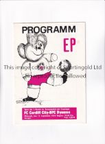 CARDIFF CITY Programme for the away ECWC tie v Dynamo Berlin 15/9/1971. Good