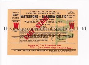 WATERFORD V CELTIC 1970 EUROPEAN CUP Unused ticket for the match in Dublin 21/10/1970. Good