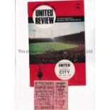 MANCHESTER UNITED V MANCHESTER CITY 1968 POSTPONED Programme and ticket for the League match at