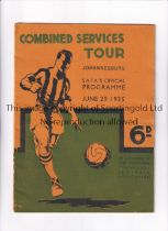 COMBINED SERVICES TOUR OF SOUTH AFRICA 1935 Programme for the match v South Africa 29/6/1935 in