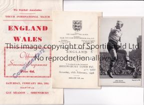 ENGLAND YOUTH V WALES YOUTH 1956 AT SHREWSBURY TOWN F.C. Programme for the match at Gay Meadow 18/