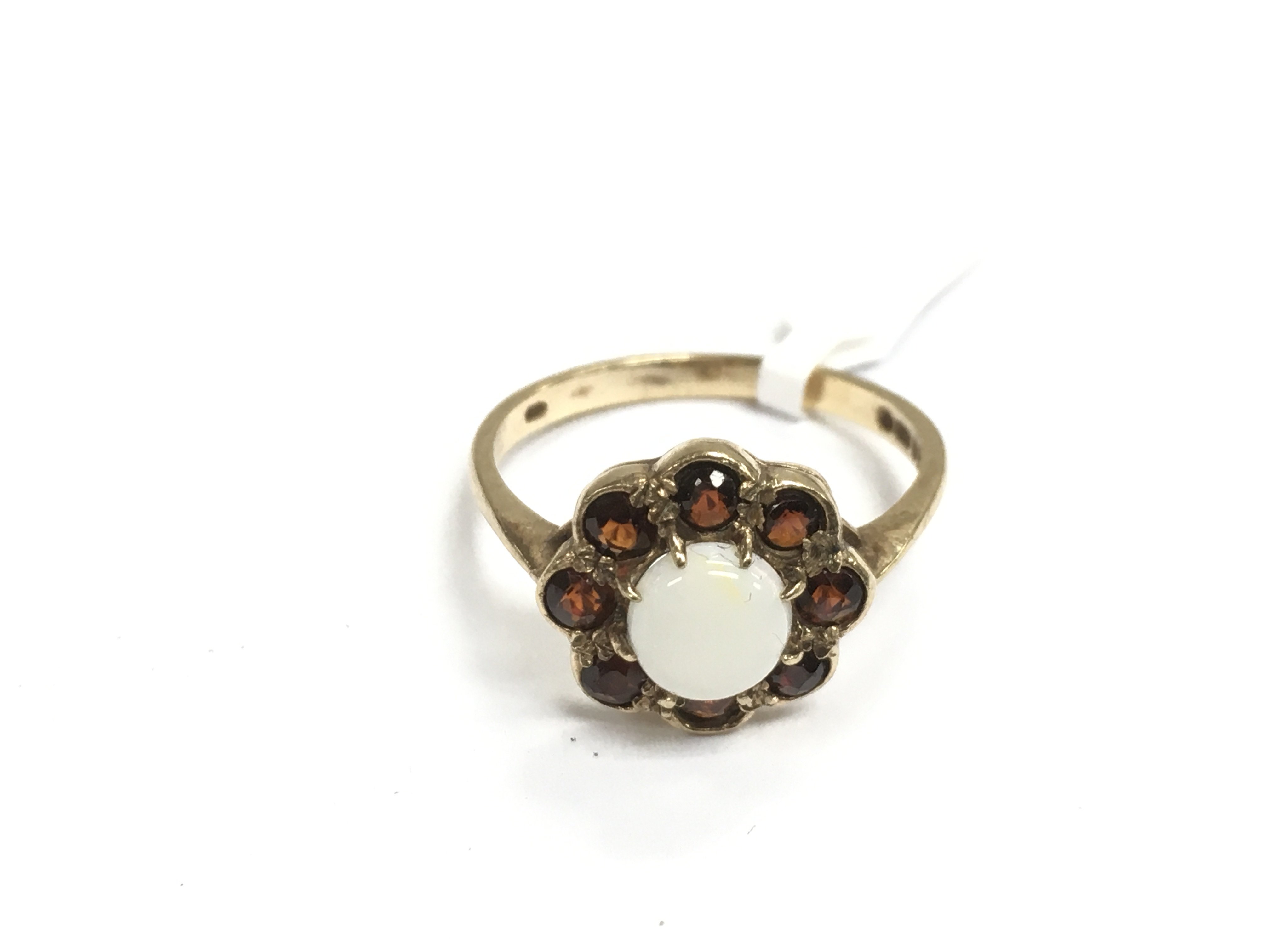 A 9ct gold opal and garnet cluster ring, approx 2.