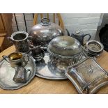 A good collection of silver plated wares including a meat dish, Gallery tray etc.