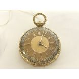 An 18ct gold Chester pocket watch with multi fold dial. 106g total weight. Key present. (NOT OVERWOU