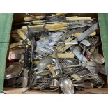 A box of mixed silver plated cutlery.