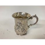 Hallmarked silver mug embossed