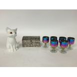 Royal Osborne cat, small glasses and a silver plat