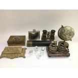 A collection of items comprising a vintage telescope, binoculars, souble inkwell desk stand etc.