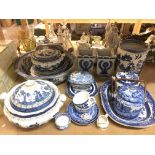 A collection of blue and white ceramics.