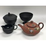 3 Wedgwood black basalt items together with an ena