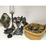 A collection of metal and brassware a lamp Marley