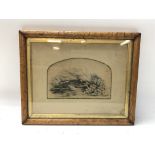 Ink sketch depicting a hare dated 27th of May 1850 presented in a veneer frame