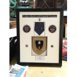 Framed Police National Search Centre plaque , badges, tie and pins presented to the Yeoman Warders