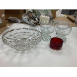 A collection of glass pieces including a set of glasses, a bowl and a white friars ash tray.