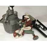A Vintage painted wooden figure on a tricycle an o