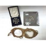 German WW2 Iron cross medal , SS silver ashtray & aviator goggles