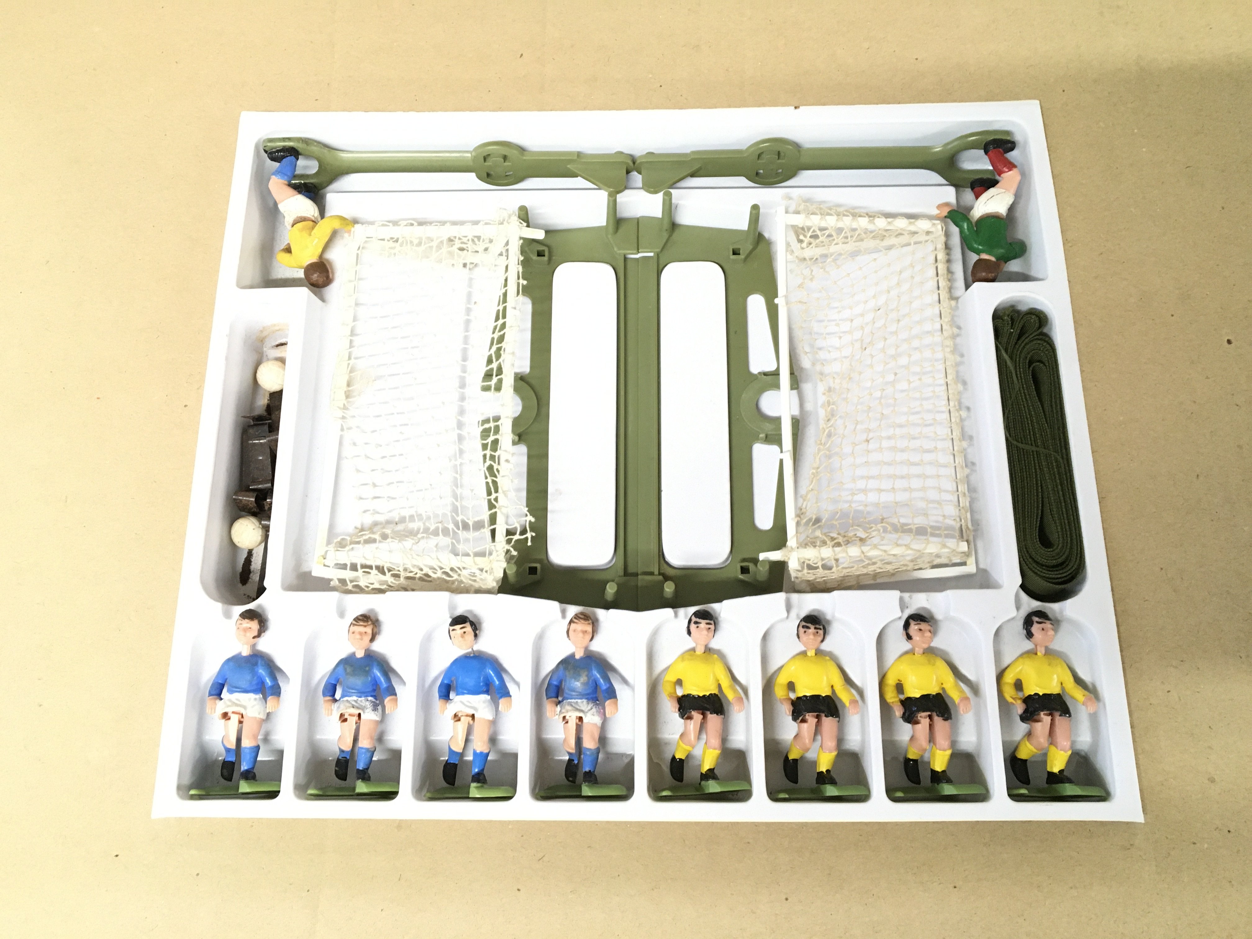 Two vintage table top football games and a box of various related accessories. - Image 2 of 6