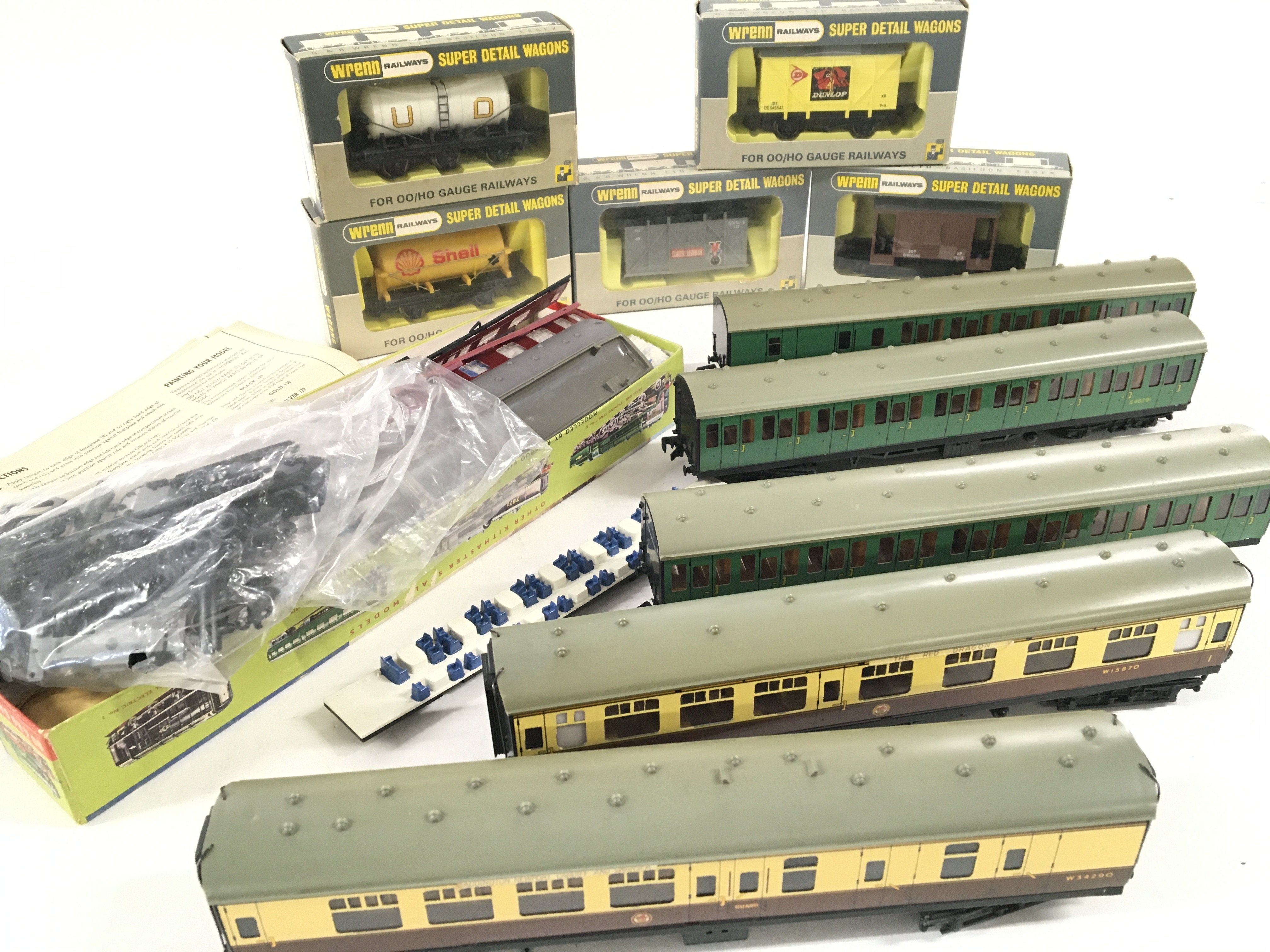 A Collection of 00 Gauge Wrenn Wagons boxed. With loose Hornby Coaches and Kits.