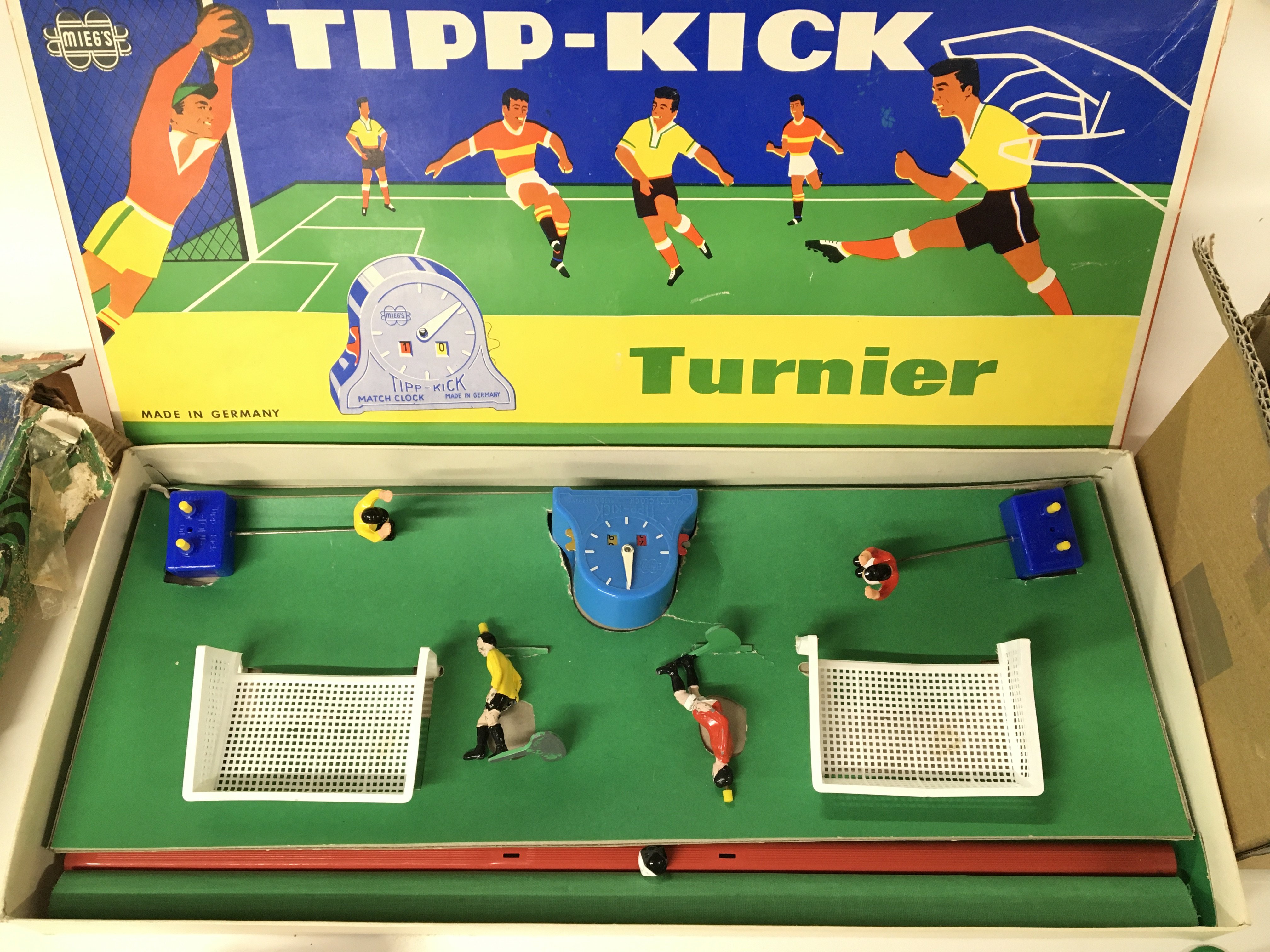 Two vintage table top football games and a box of various related accessories. - Image 4 of 6