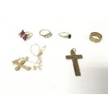 Hallmarked 9ct Gold rings, chain and cross pendant