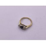 18ct Gold , 3 stone, diamond/ sapphire ring. Size