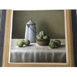 A framed oil painting still life study with greeng