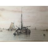 A framed watercolour Barges at Anchor with figures
