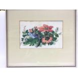 A framed and glazed Chinese painting on rice paper of flowers approx 46.5cm x 40cm.