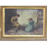 A gilt framed oil on canvas of two children. Signature indistinct. Approx 62cm x 47cm.